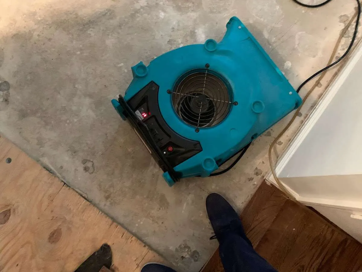Air mover drying subfloor during Leak Detection & Repair in Niles